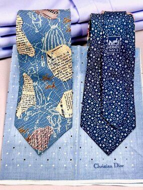 Set: 2 Classic Neck-Ties SilkHERMES Paris & MARIE CLAIR +1 Burberry Handker(73